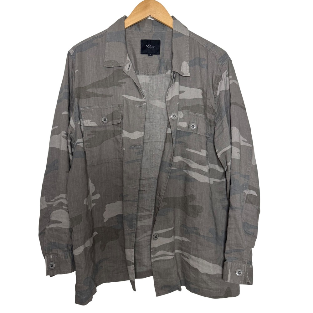 Rails Womens Shirt Medium Gray Camo Linen Blend Button‎ Down Long Sleeve Utility
